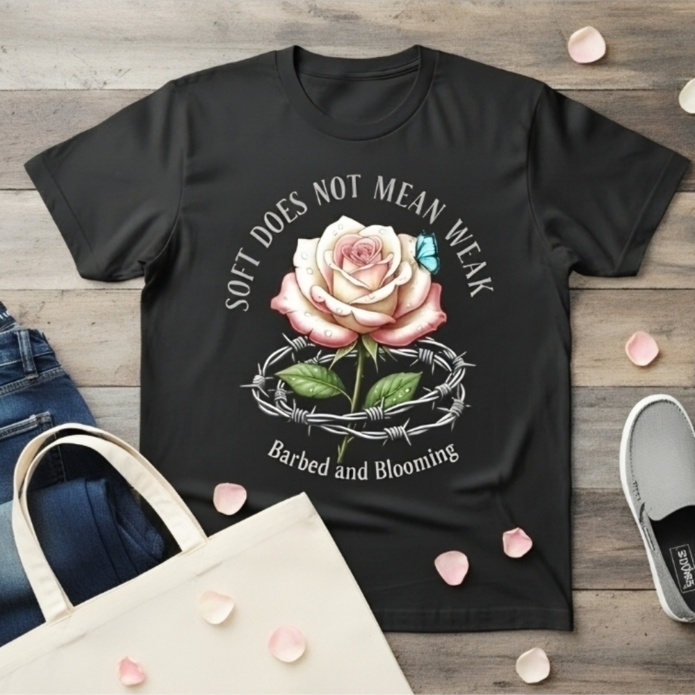 Soft Does Not Mean Weak Tee • Barbed & Blooming Rose Shirt • Feminine Strength